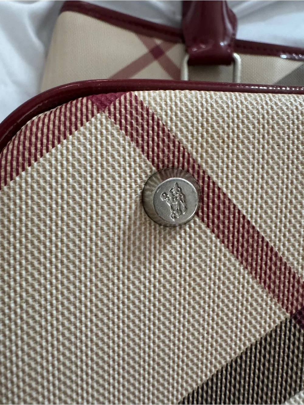 Burberry Beige Plaid Tote with Burgundy Leather Trim
